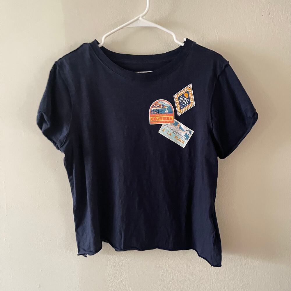 Anthropologie Maeve Hotel Royale Graphic Cropped Tee Shirt Womens Small S Blue